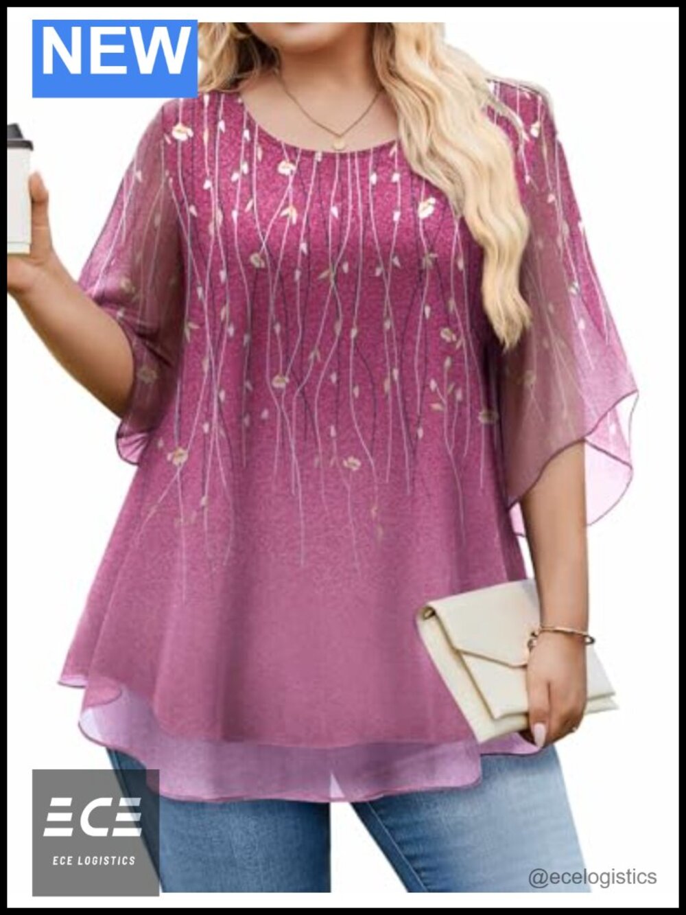 Plus Size Ruffle 3/4 Sleeve Double Layer Mesh Blouse Dressy Work Office